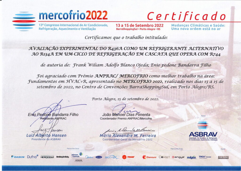 Trabalhos premiados no congresso internacional Mercofrio 2022
