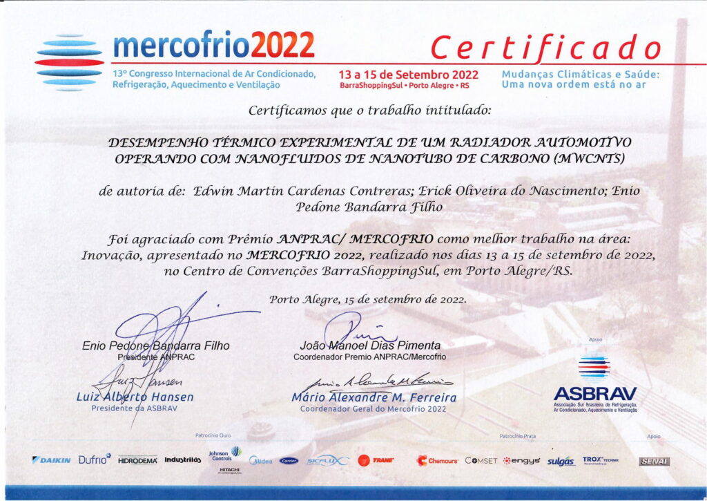 Trabalhos premiados no congresso internacional Mercofrio 2022